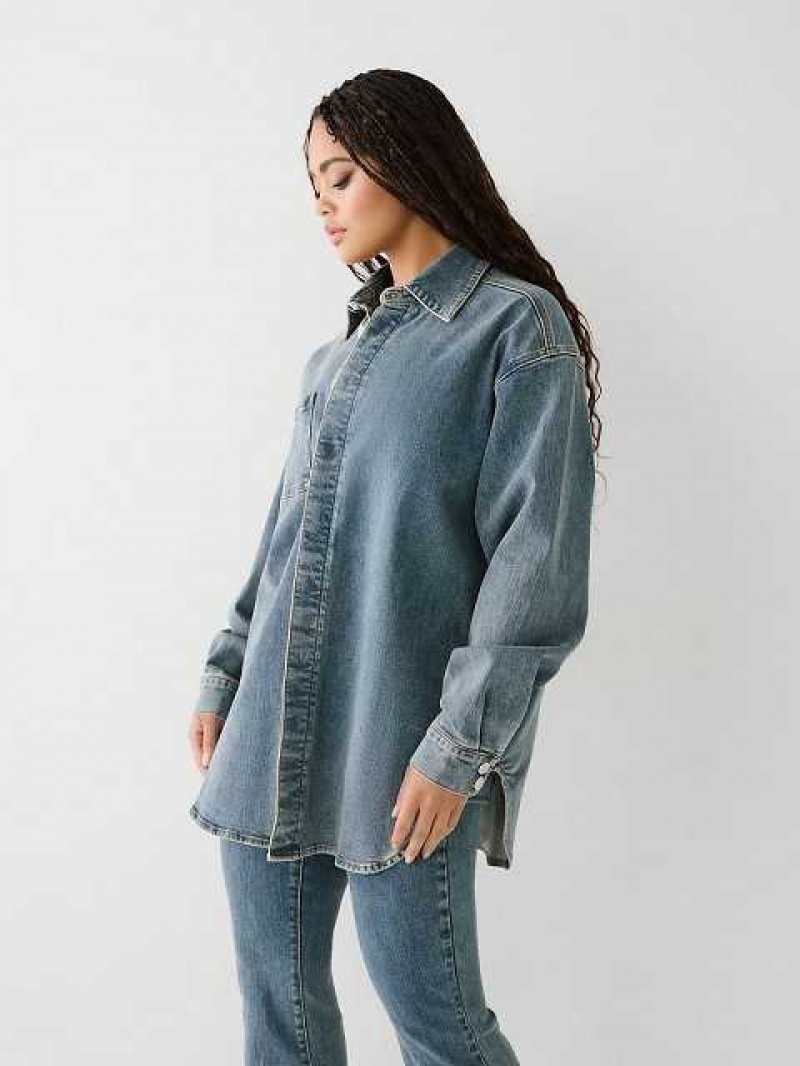 Camisa True Religion Oversized Denim Mujer Azules | Colombia-STYBAXO01