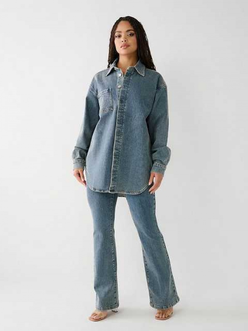 Camisa True Religion Oversized Denim Mujer Azules | Colombia-STYBAXO01