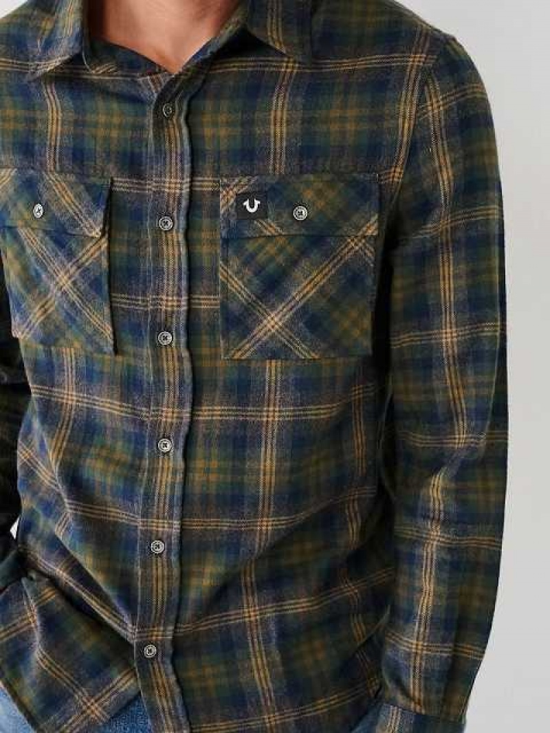 Camisa True Religion Plaid Flannel Hombre Marrones Verde | Colombia-MUDTXNV16