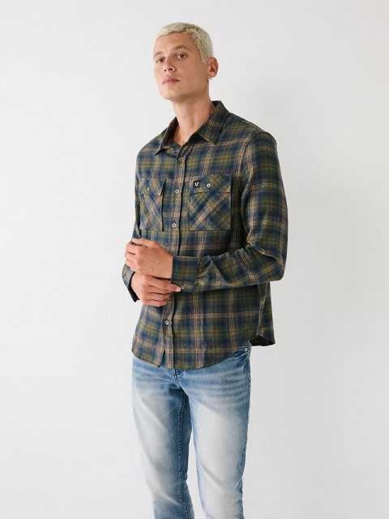 Camisa True Religion Plaid Flannel Hombre Marrones Verde | Colombia-MUDTXNV16