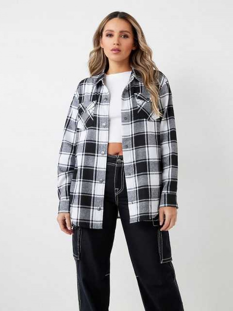 Camisa True Religion Plaid Horseshoe Single Needle Mujer Negras | Colombia-CHBKOSG38