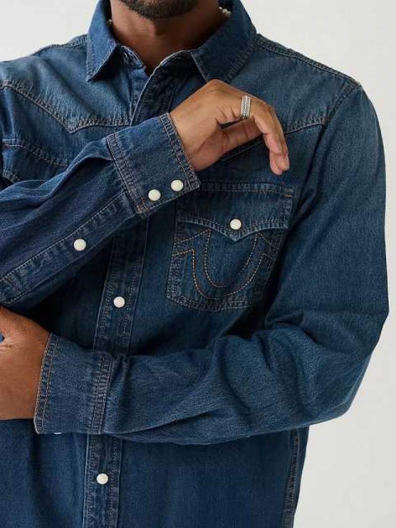 Camisa True Religion Single Needle Western Denim Hombre Azules | Colombia-VTALYJQ75