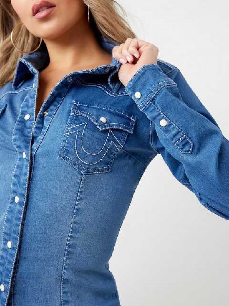 Camisa True Religion Western Denim Mujer Azules Azules | Colombia-XVLKPTF28