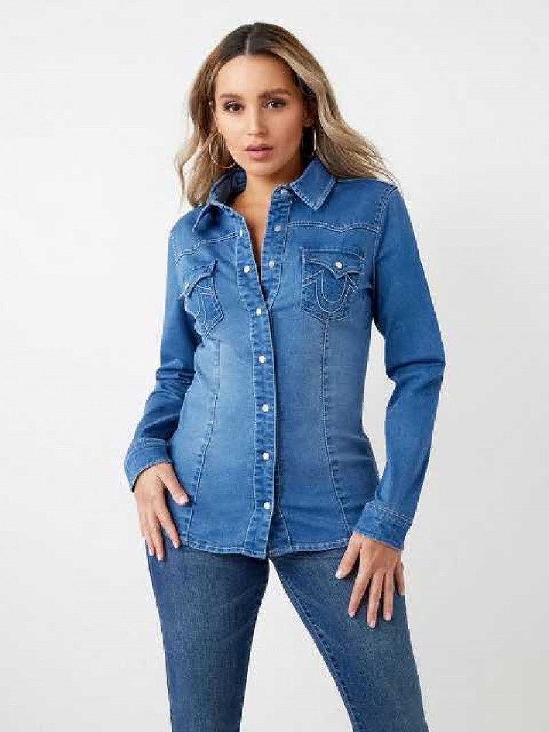 Camisa True Religion Western Denim Mujer Azules Azules | Colombia-XVLKPTF28