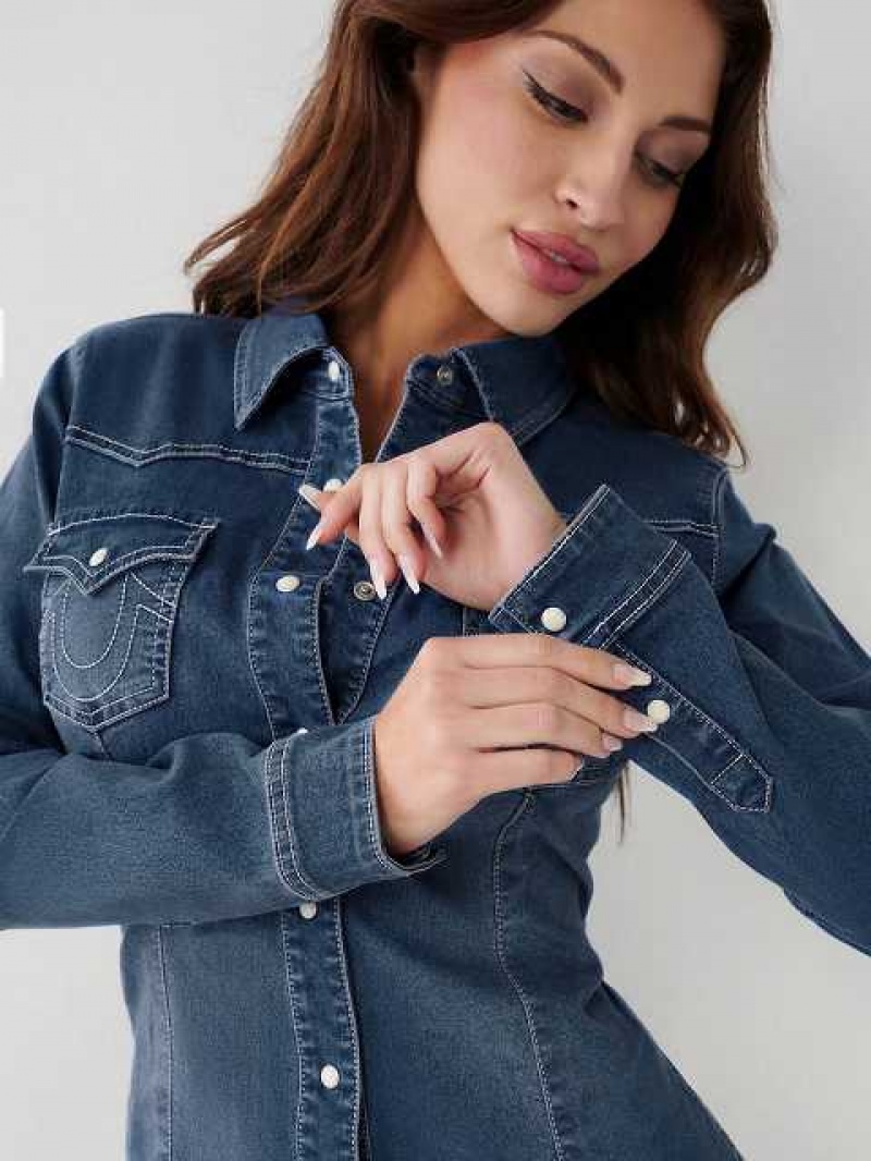 Camisa True Religion Western Denim Mujer Azules Oscuro Azules | Colombia-LKGVTZN16