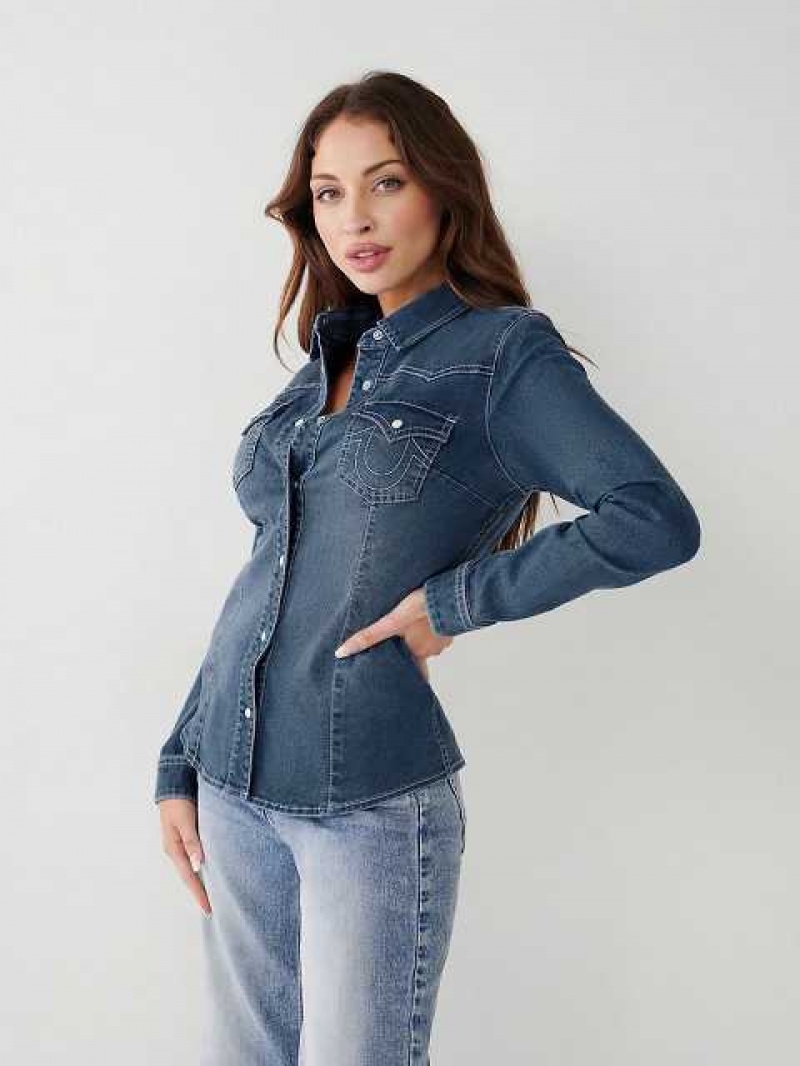 Camisa True Religion Western Denim Mujer Azules Oscuro Azules | Colombia-LKGVTZN16