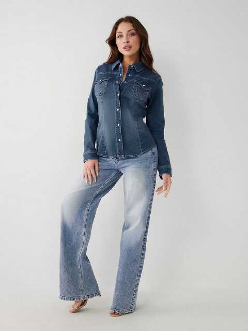 Camisa True Religion Western Denim Mujer Azules Oscuro Azules | Colombia-LKGVTZN16