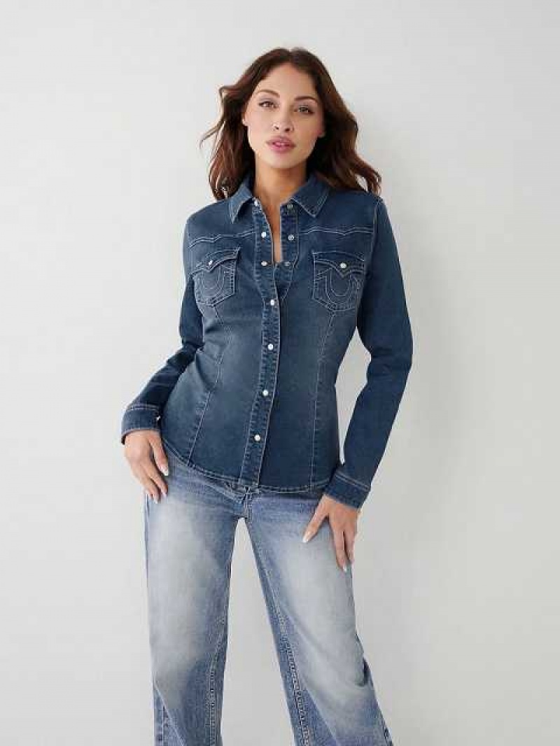 Camisa True Religion Western Denim Mujer Azules Oscuro Azules | Colombia-LKGVTZN16