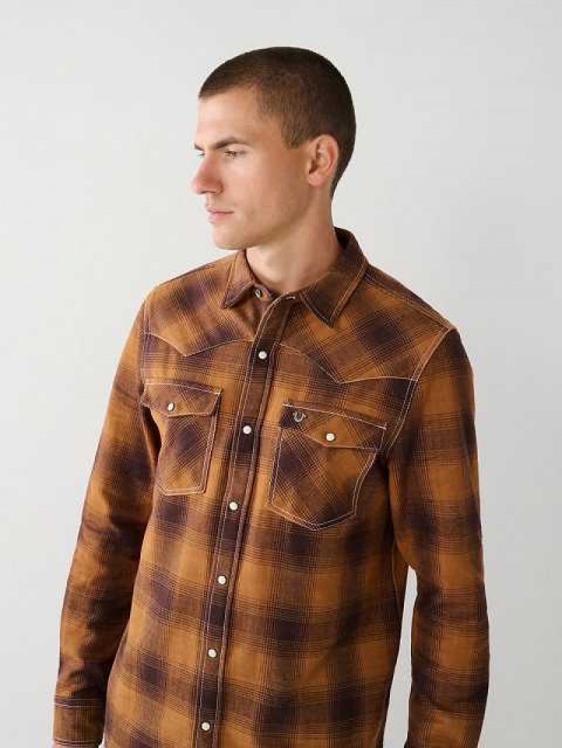 Camisa True Religion Western Plaid Flannel Hombre Amarillo Oscuro | Colombia-NYJEGMX53