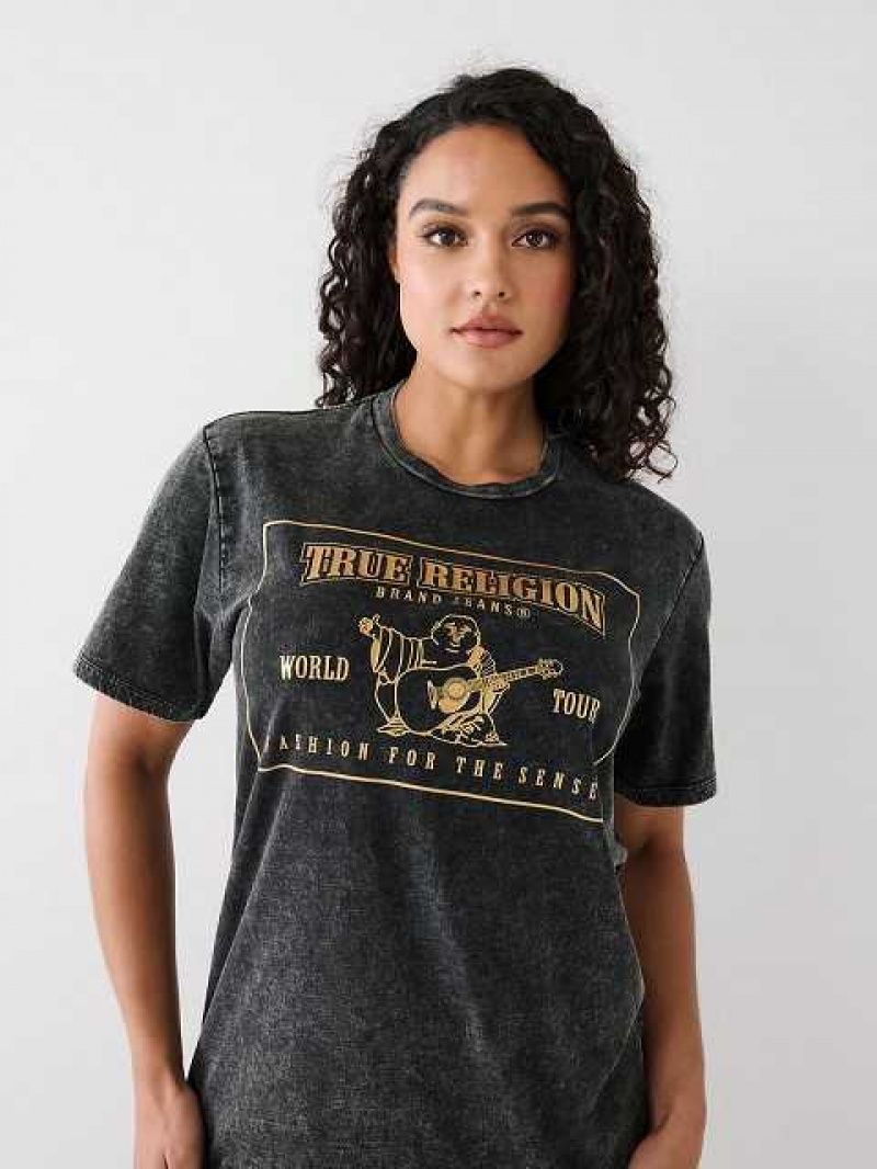 Camiseta True Religion Acid Wash Logo Relaxed Mujer Negras | Colombia-KWDTNEC70