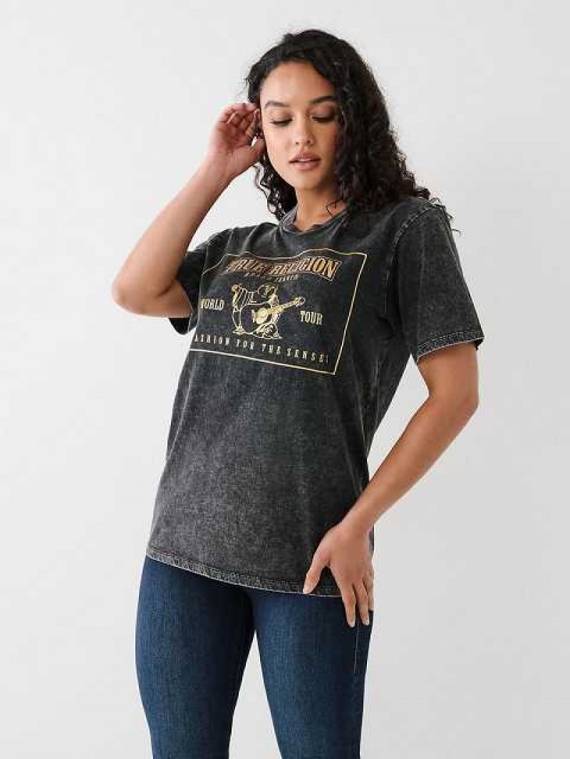 Camiseta True Religion Acid Wash Logo Relaxed Mujer Negras | Colombia-KWDTNEC70