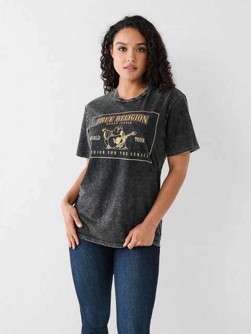 Camiseta True Religion Acid Wash Logo Relaxed Mujer Negras | Colombia-KWDTNEC70