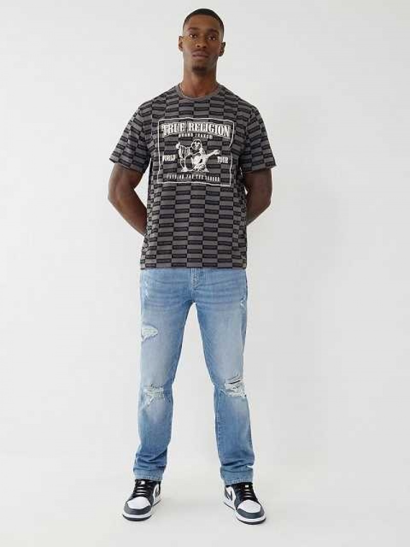 Camiseta True Religion Allover Print Logo Relaxed Hombre Negras | Colombia-REOHYCZ21