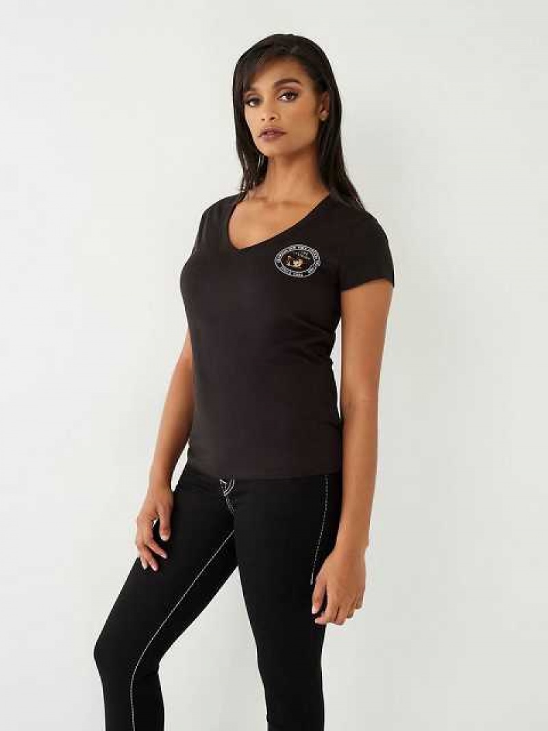 Camiseta True Religion Buddha Logo V Mujer Negras | Colombia-PXZWGDE73