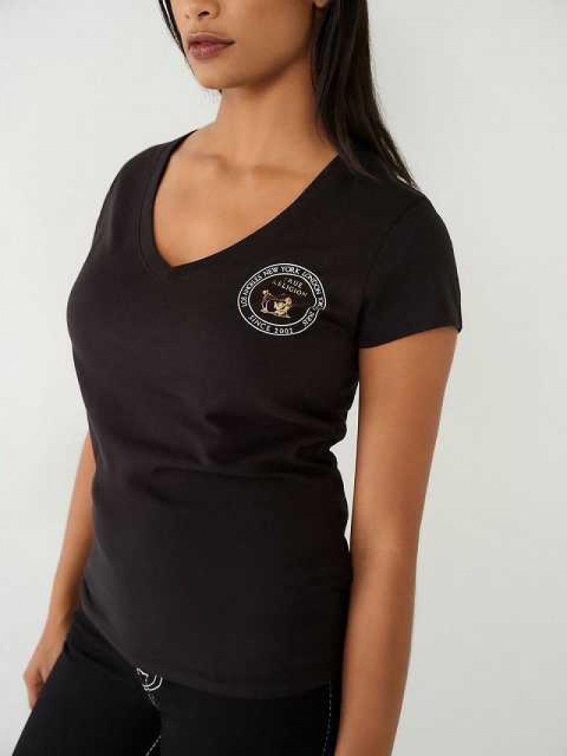 Camiseta True Religion Buddha Logo V Mujer Negras | Colombia-PXZWGDE73