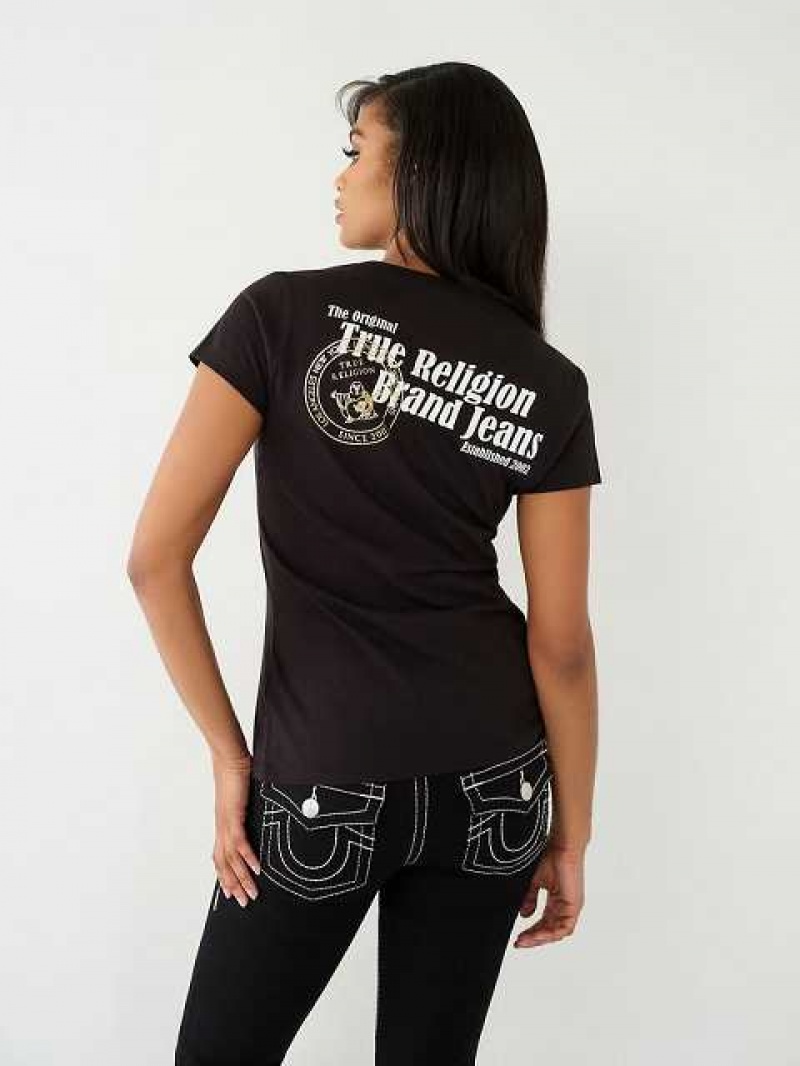 Camiseta True Religion Buddha Logo V Mujer Negras | Colombia-PXZWGDE73