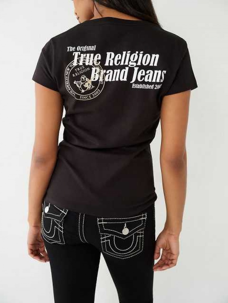 Camiseta True Religion Buddha Logo V Mujer Negras | Colombia-PXZWGDE73