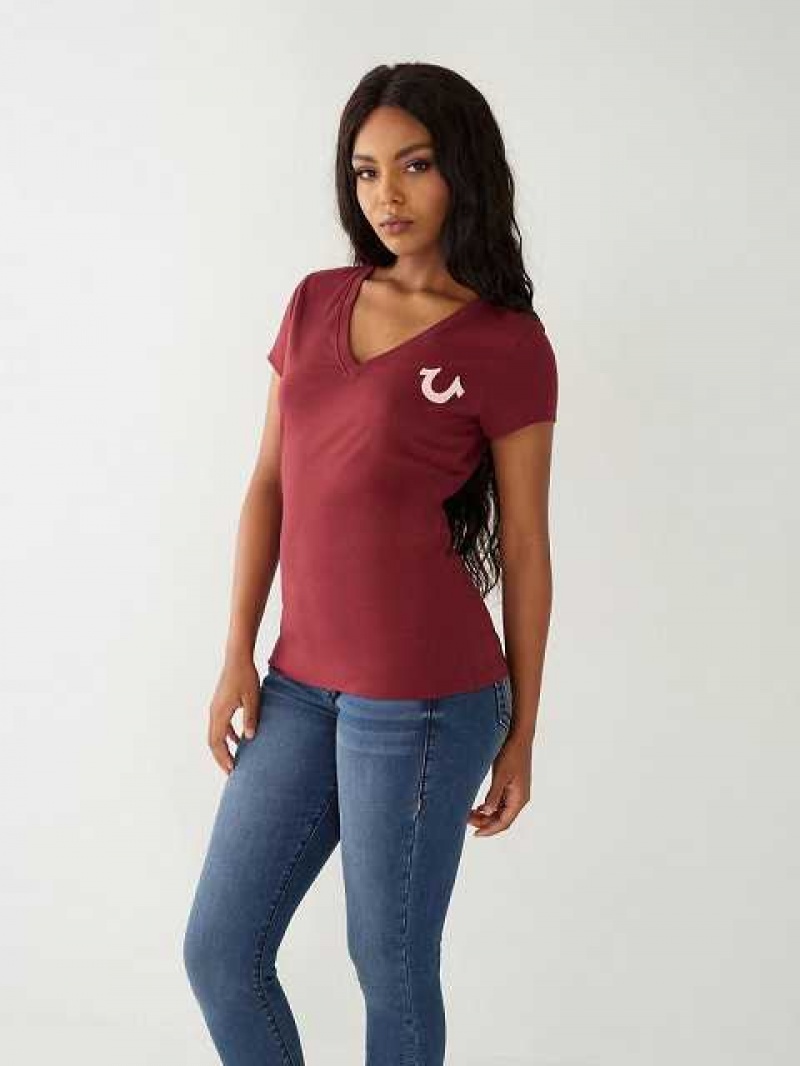 Camiseta True Religion Buddha Logo V Mujer Burdeos | Colombia-NCAVPDH63