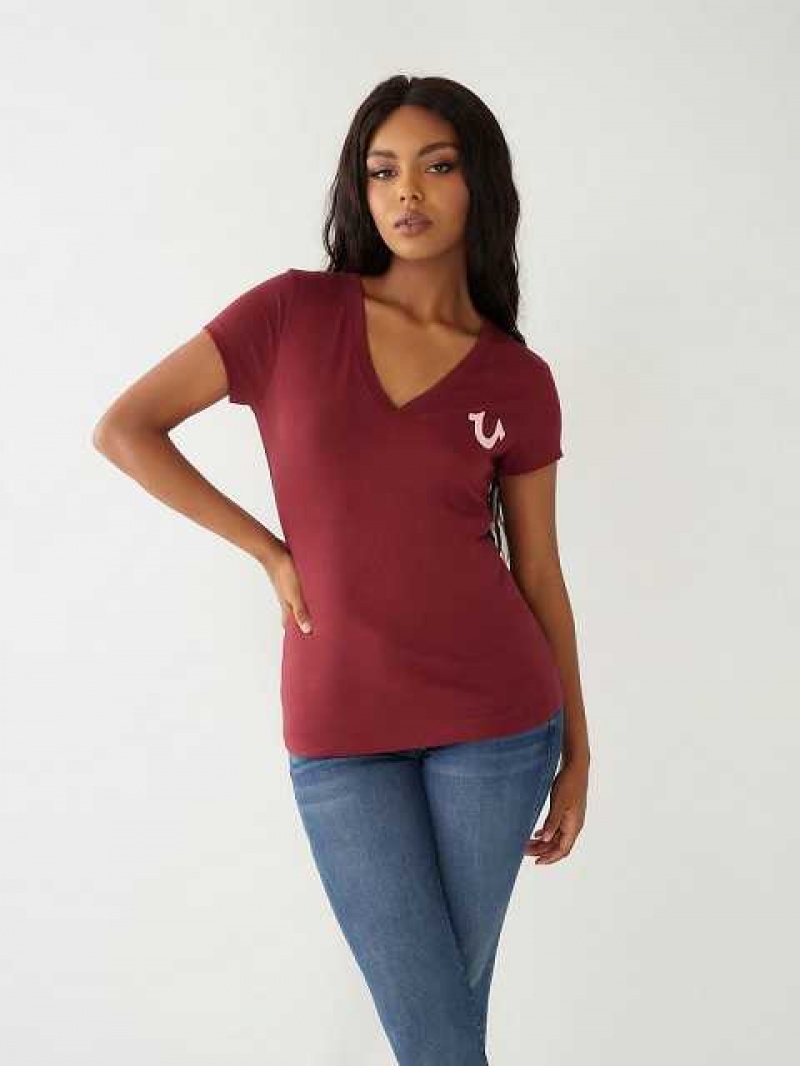 Camiseta True Religion Buddha Logo V Mujer Burdeos | Colombia-NCAVPDH63