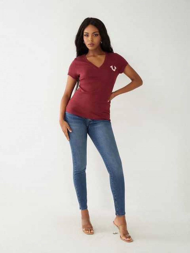 Camiseta True Religion Buddha Logo V Mujer Burdeos | Colombia-NCAVPDH63