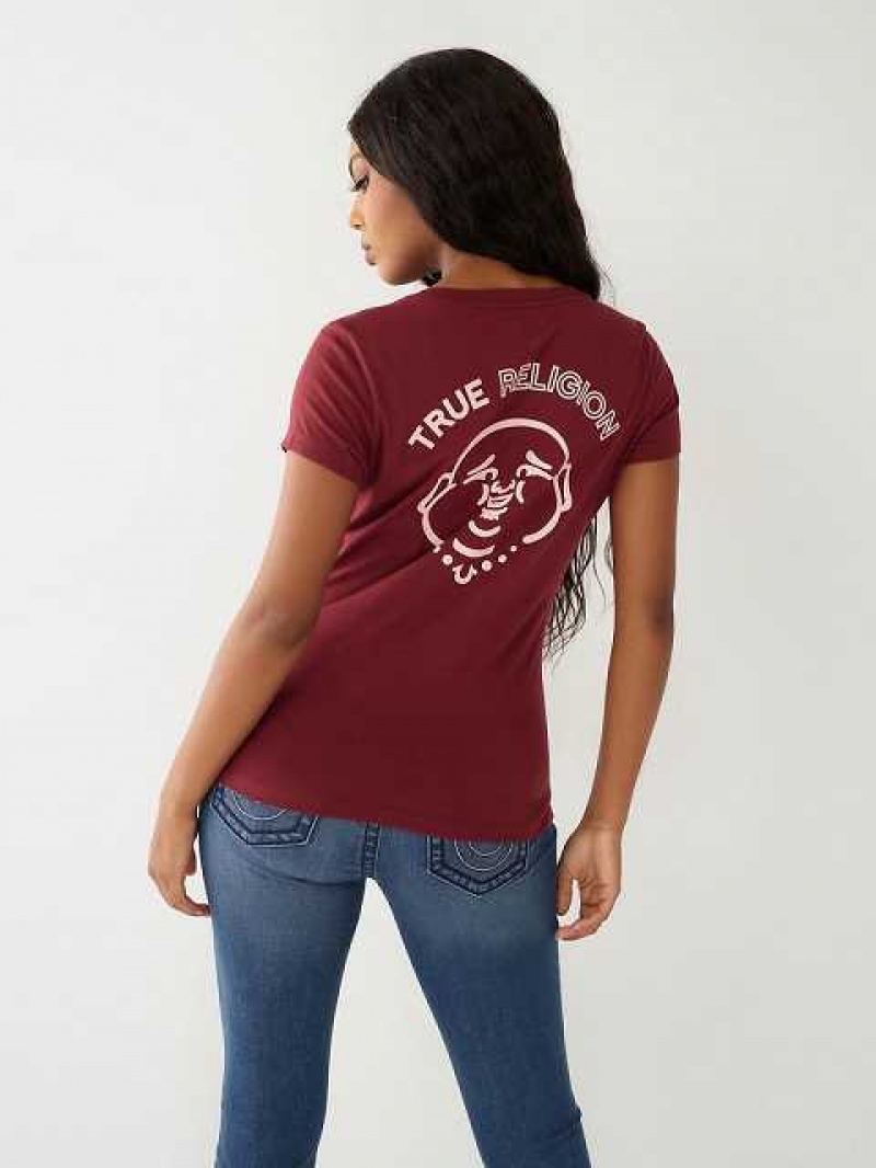 Camiseta True Religion Buddha Logo V Mujer Burdeos | Colombia-NCAVPDH63