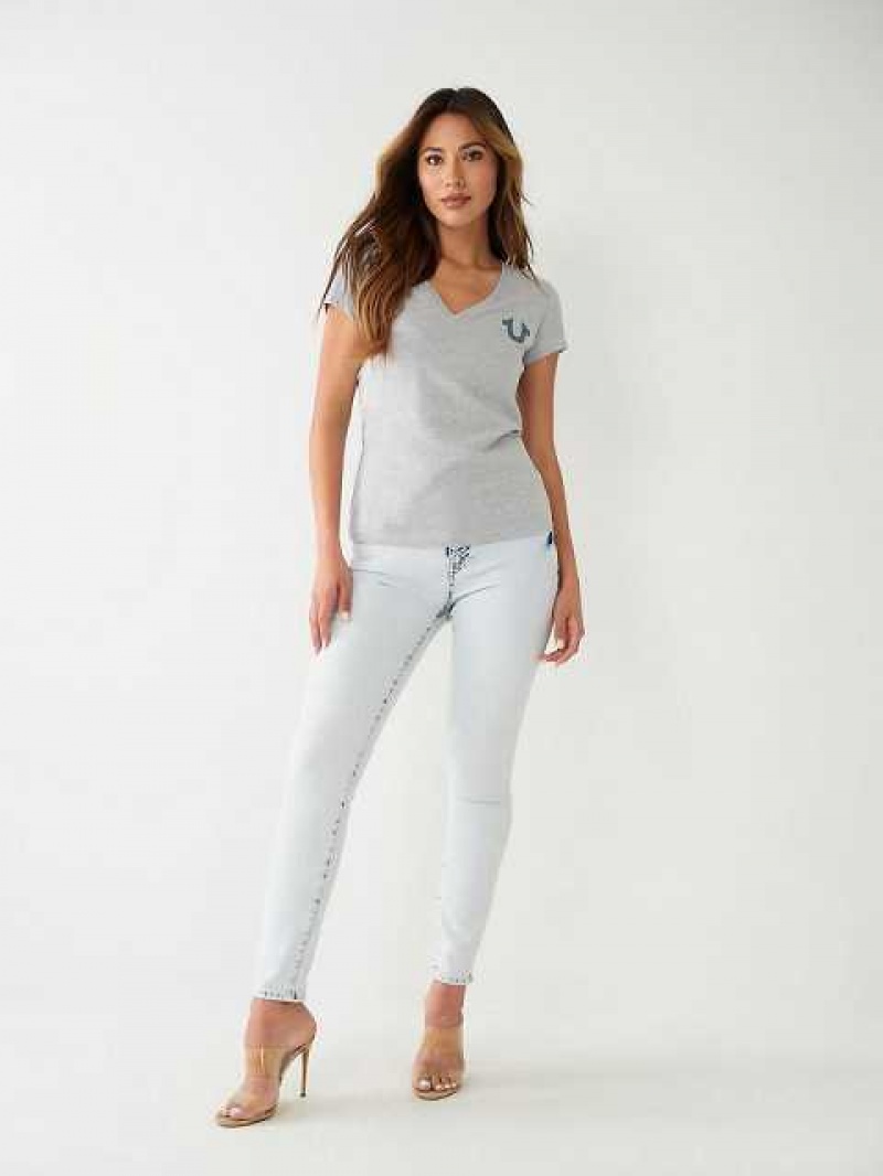 Camiseta True Religion Buddha Logo V Mujer Gris | Colombia-FXERQZV94