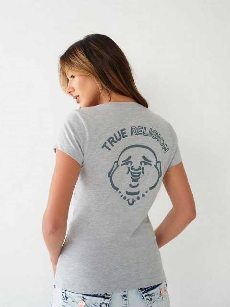 Camiseta True Religion Buddha Logo V Mujer Gris | Colombia-FXERQZV94