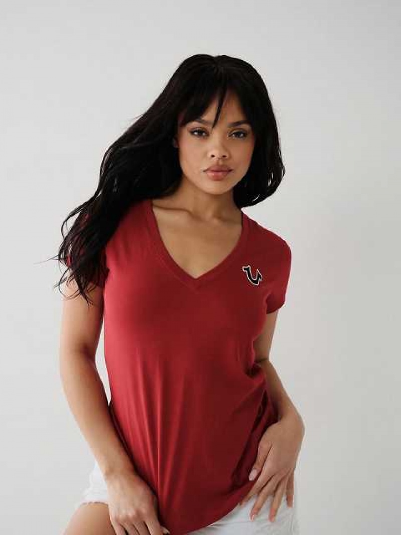 Camiseta True Religion Buddha Logo V Mujer Rojas | Colombia-FOPCXJL91