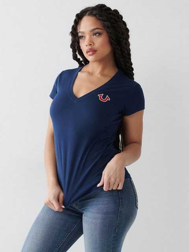 Camiseta True Religion Buddha Logo V Mujer Azul Marino Azules | Colombia-UOIVQXY91