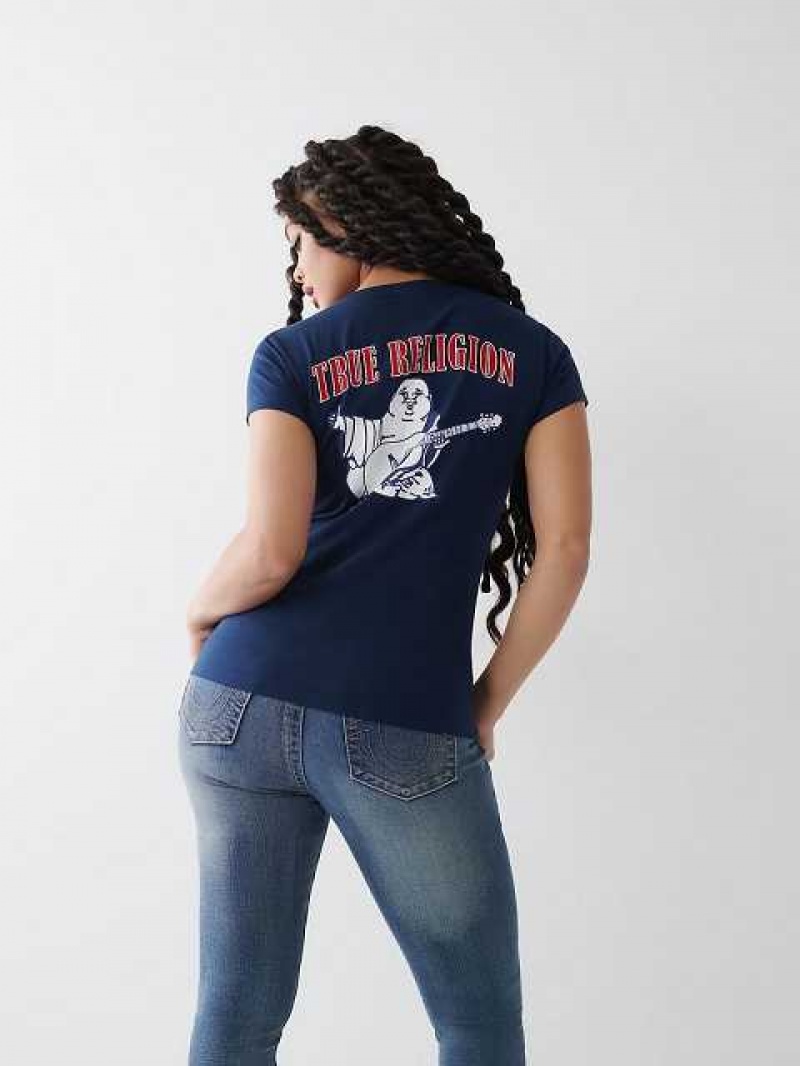 Camiseta True Religion Buddha Logo V Mujer Azul Marino Azules | Colombia-UOIVQXY91