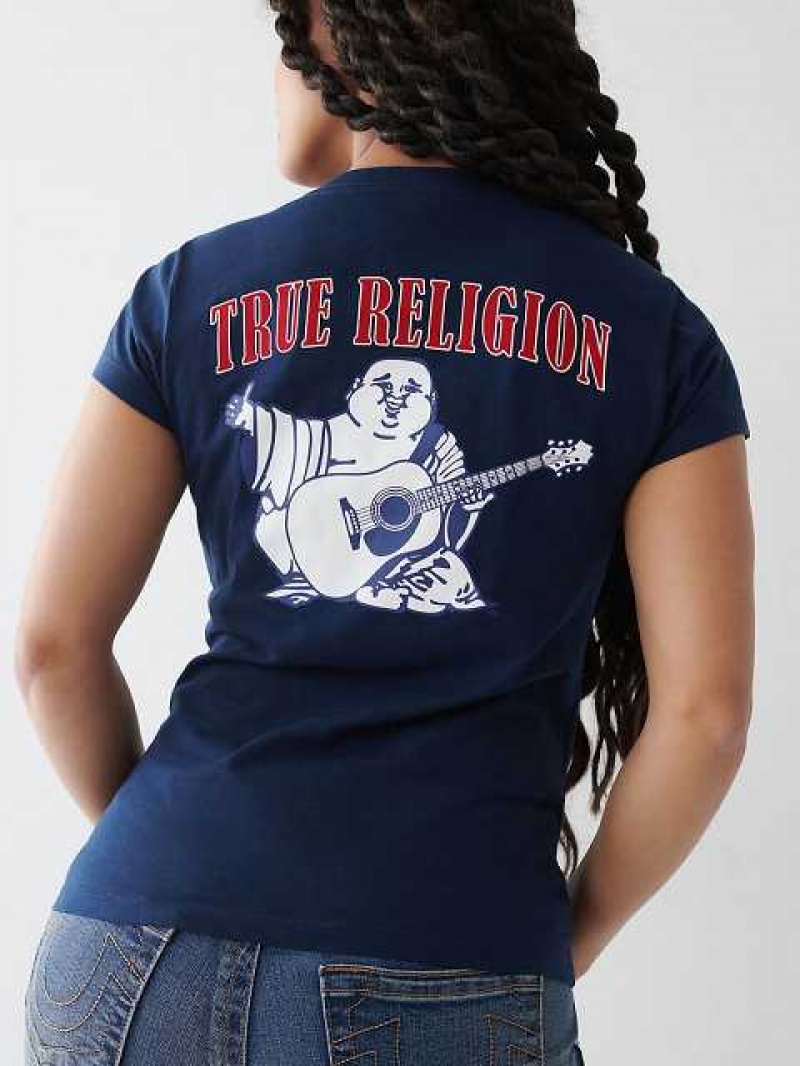 Camiseta True Religion Buddha Logo V Mujer Azul Marino Azules | Colombia-UOIVQXY91