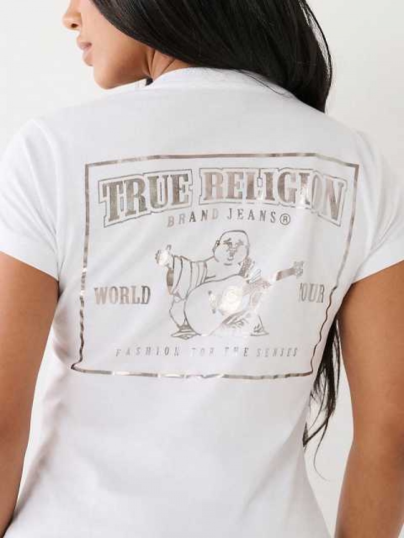 Camiseta True Religion Buddha Logo V Mujer Blancas | Colombia-OJERDGM42