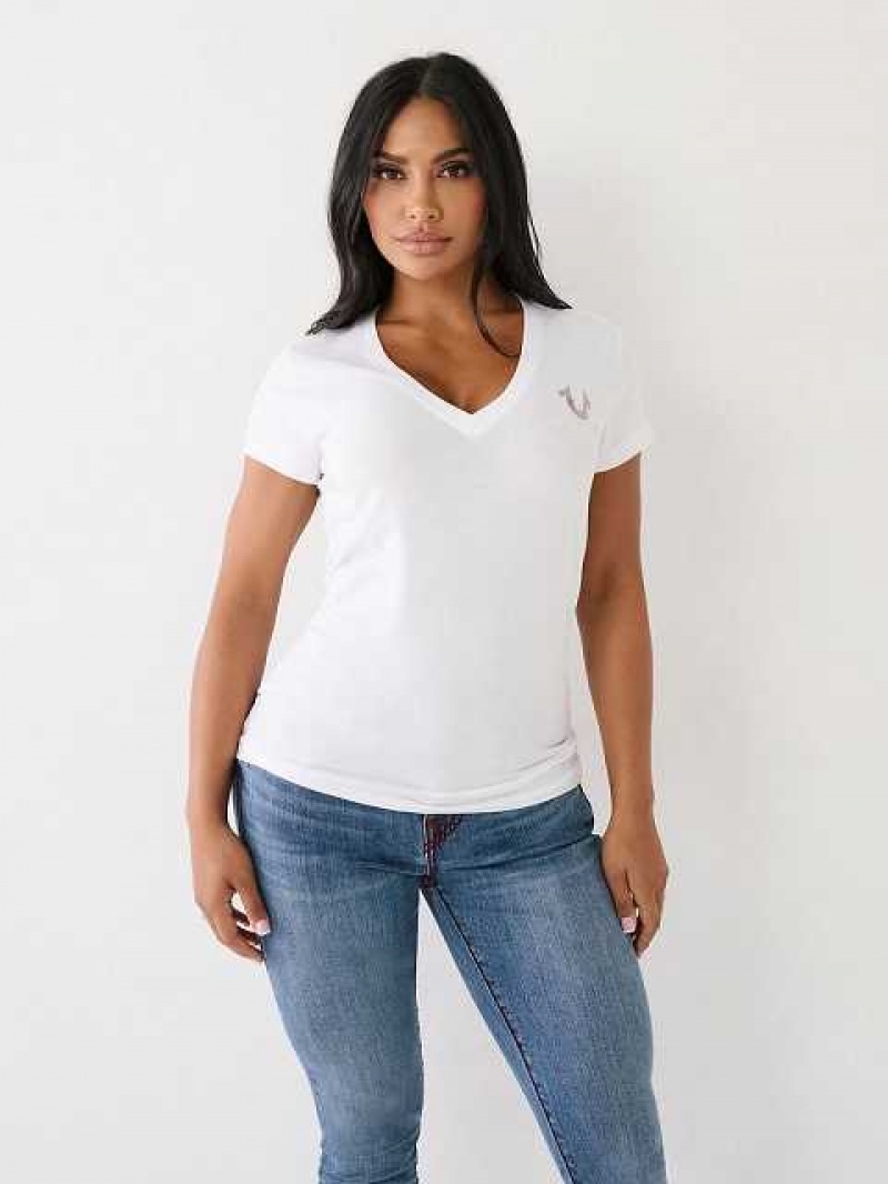 Camiseta True Religion Buddha Logo V Mujer Blancas | Colombia-OJERDGM42