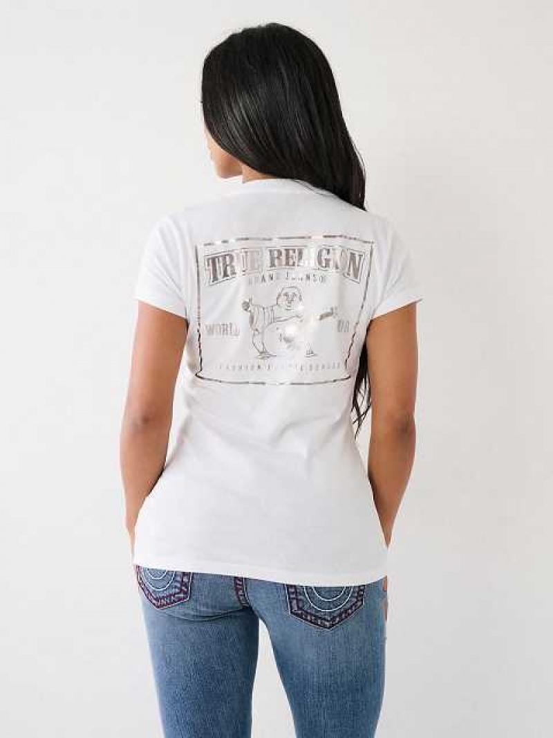 Camiseta True Religion Buddha Logo V Mujer Blancas | Colombia-OJERDGM42