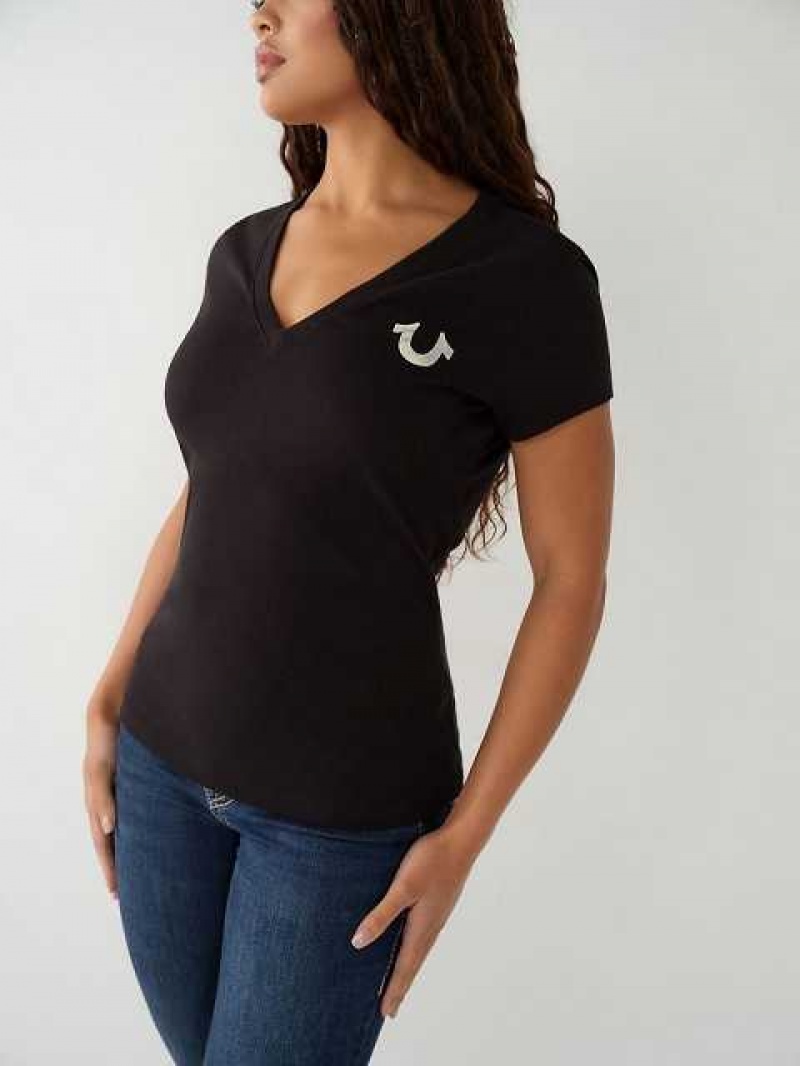 Camiseta True Religion Buddha Logo V Mujer Negras | Colombia-ZKSMHYF18