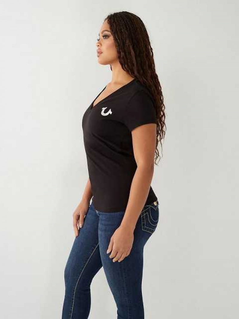 Camiseta True Religion Buddha Logo V Mujer Negras | Colombia-ZKSMHYF18