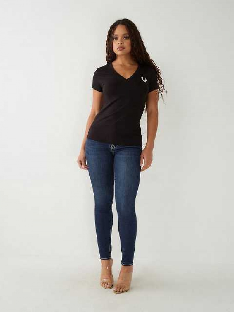 Camiseta True Religion Buddha Logo V Mujer Negras | Colombia-ZKSMHYF18