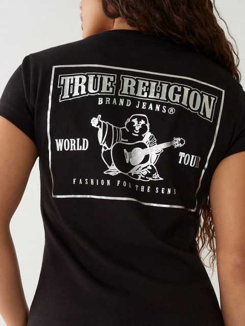 Camiseta True Religion Buddha Logo V Mujer Negras | Colombia-ZKSMHYF18