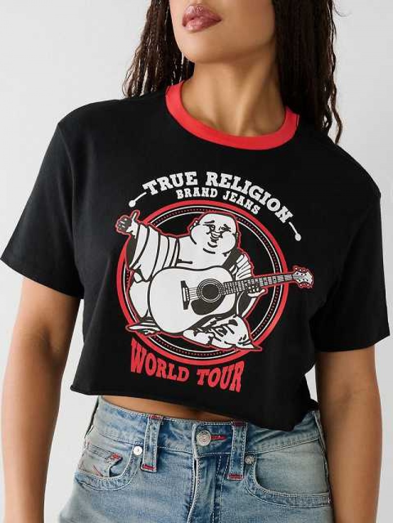 Camiseta True Religion Buddha Ringer Crop Mujer Negras | Colombia-AKNYBZU25