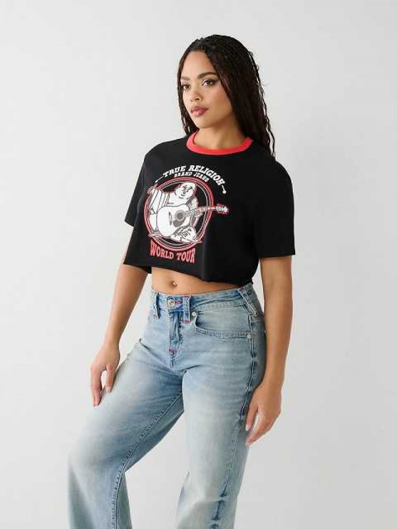 Camiseta True Religion Buddha Ringer Crop Mujer Negras | Colombia-AKNYBZU25