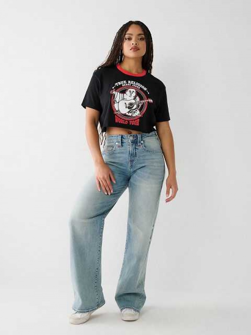 Camiseta True Religion Buddha Ringer Crop Mujer Negras | Colombia-AKNYBZU25