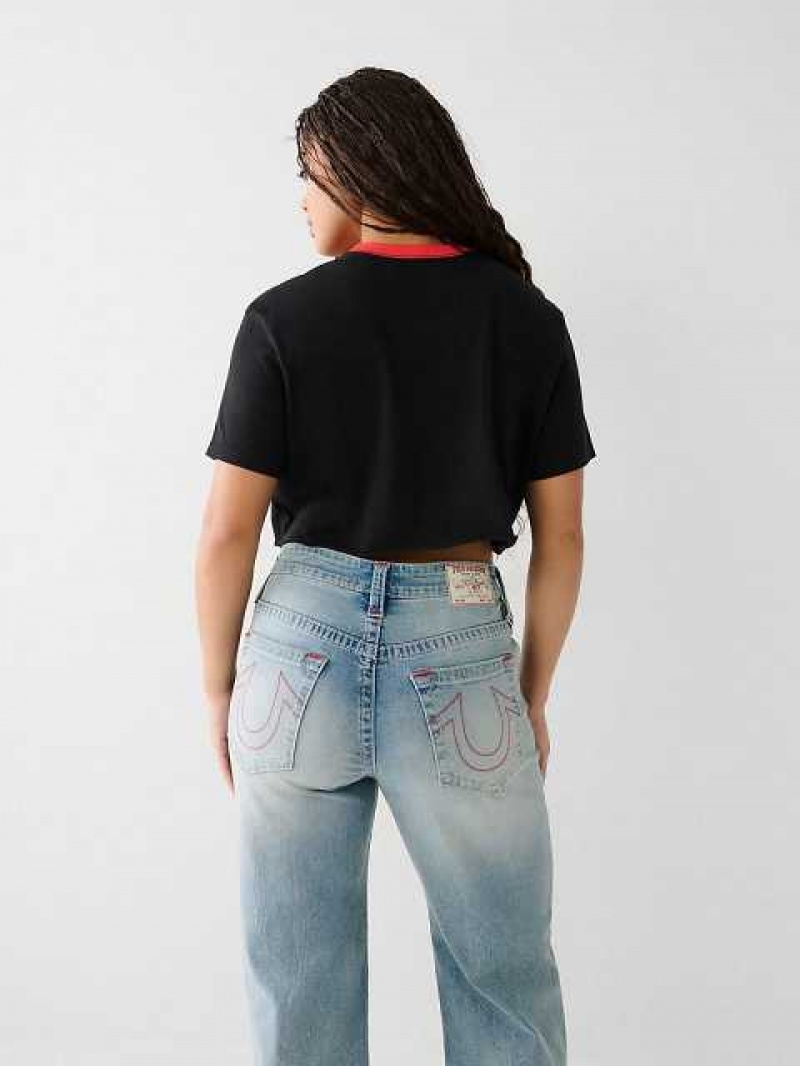 Camiseta True Religion Buddha Ringer Crop Mujer Negras | Colombia-AKNYBZU25