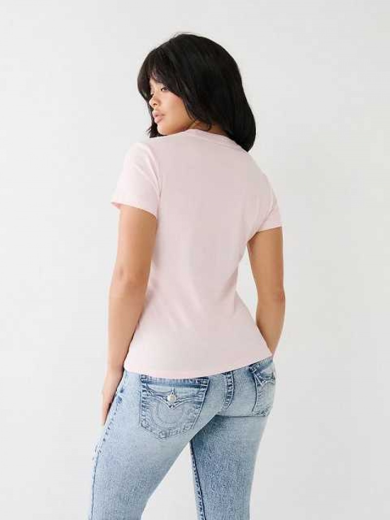 Camiseta True Religion Crystal Box Horseshoe Logo Mujer Rosas | Colombia-AWHITOC90