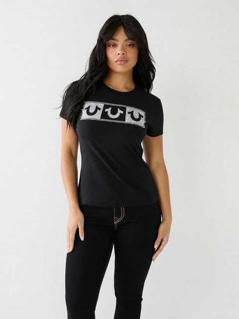 Camiseta True Religion Crystal Box Horseshoe Logo Mujer Negras | Colombia-NRMOCSH47