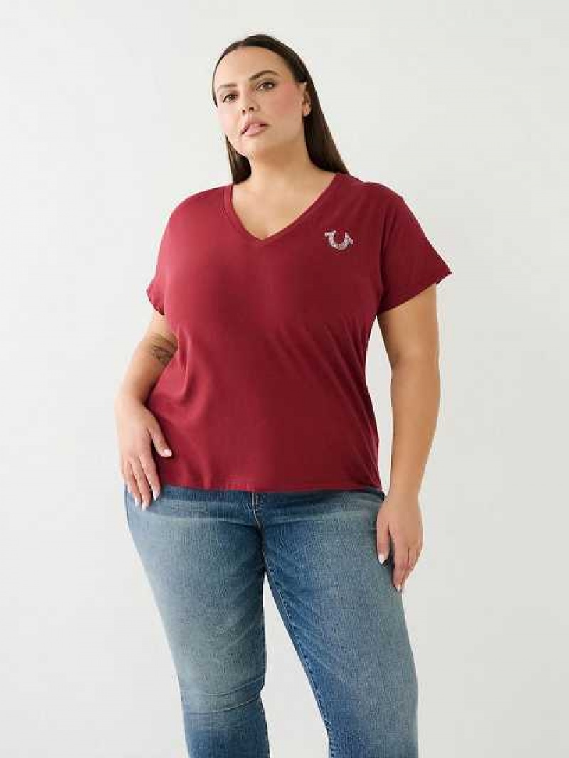 Camiseta True Religion Crystal Buddha Logo V Neck Mujer Fucsia | Colombia-SVLEYHX75