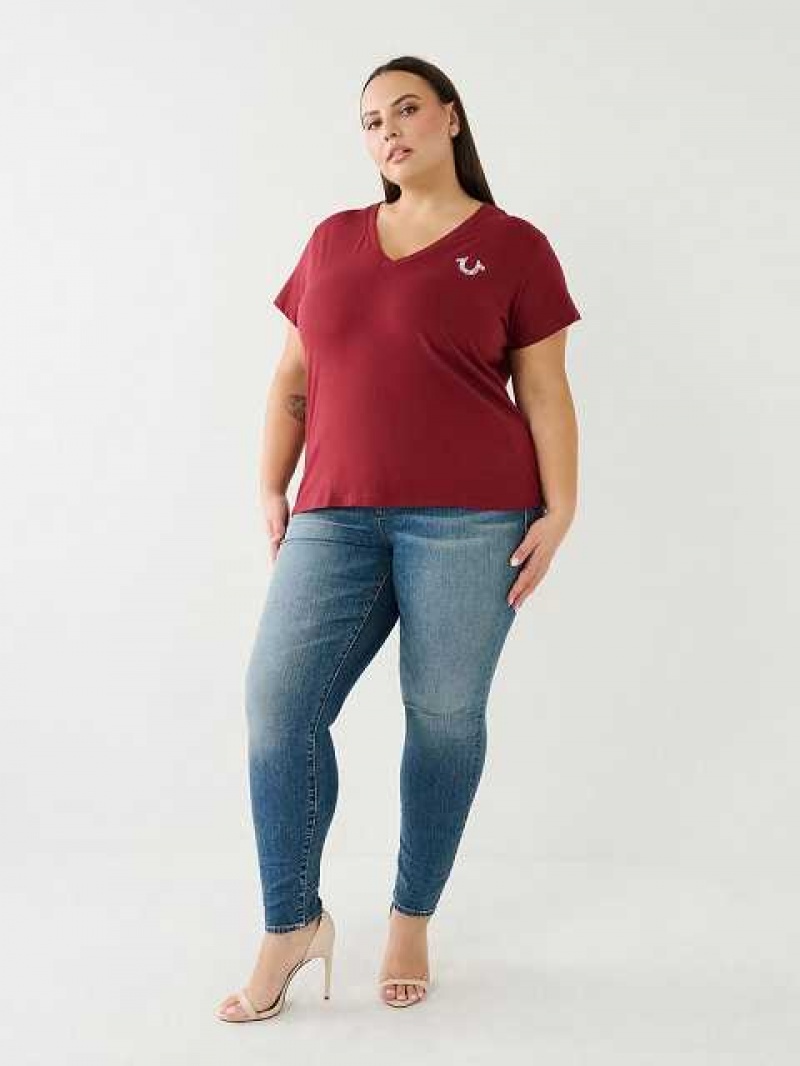 Camiseta True Religion Crystal Buddha Logo V Neck Mujer Fucsia | Colombia-SVLEYHX75