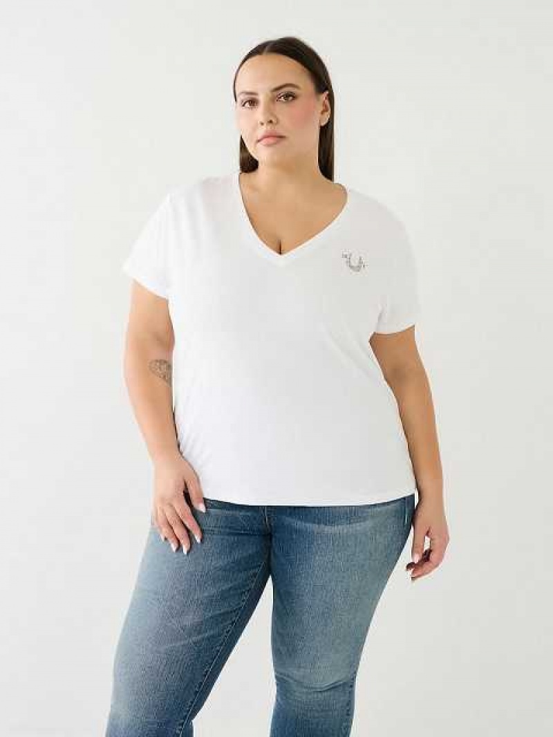 Camiseta True Religion Crystal Buddha Logo V Neck Mujer Blancas | Colombia-QACDWMK05