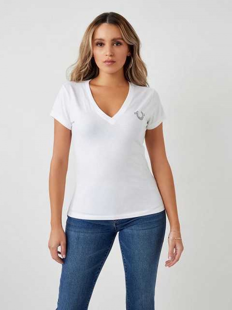 Camiseta True Religion Crystal Buddha Logo V Neck Mujer Blancas | Colombia-QACDWMK05