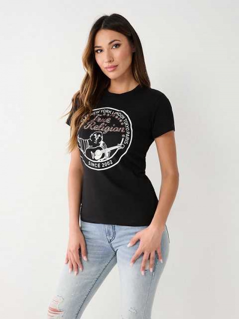 Camiseta True Religion Crystal Buddha Mujer Negras | Colombia-YDPQSAE68