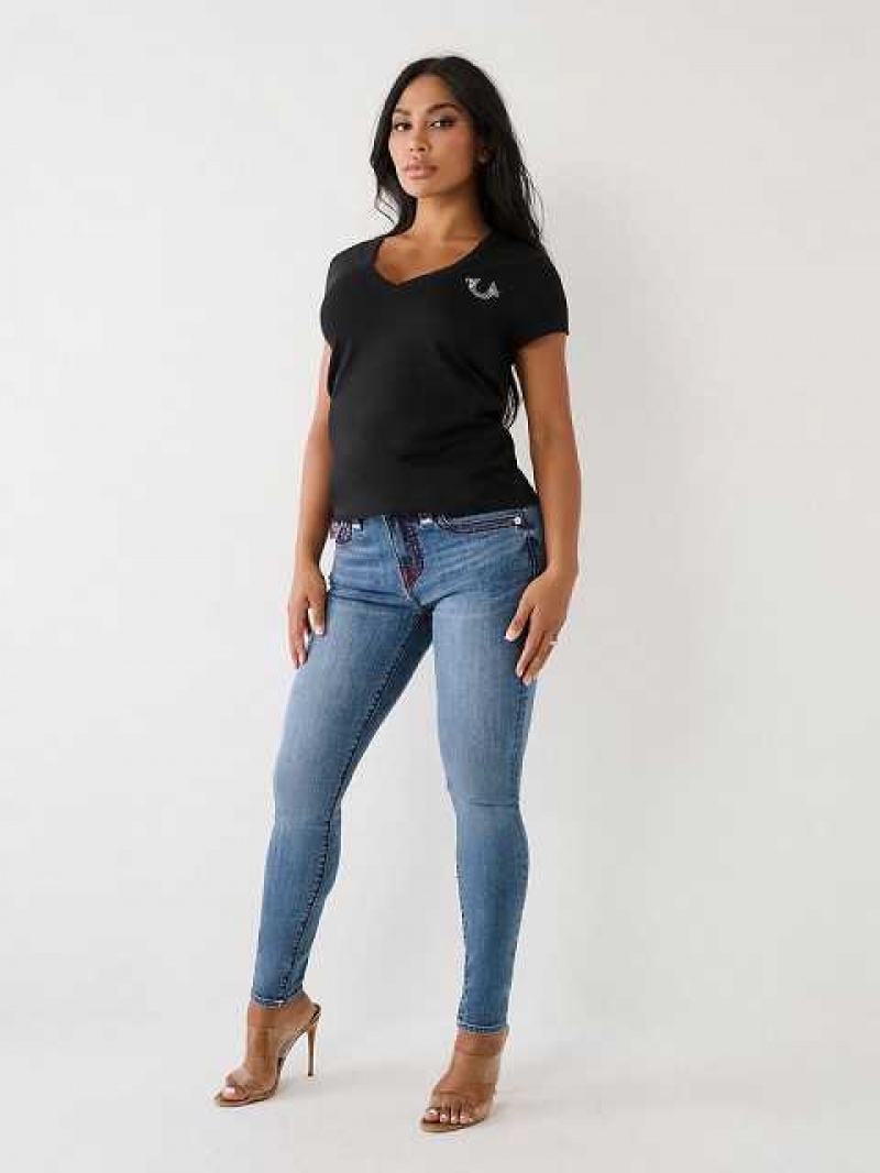 Camiseta True Religion Crystal Buddha V Mujer Negras | Colombia-LDKMCUG47